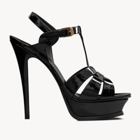 Yves Saint Laurent Tribute Black Patent Leather Platform Sandals Heels Size 37.5